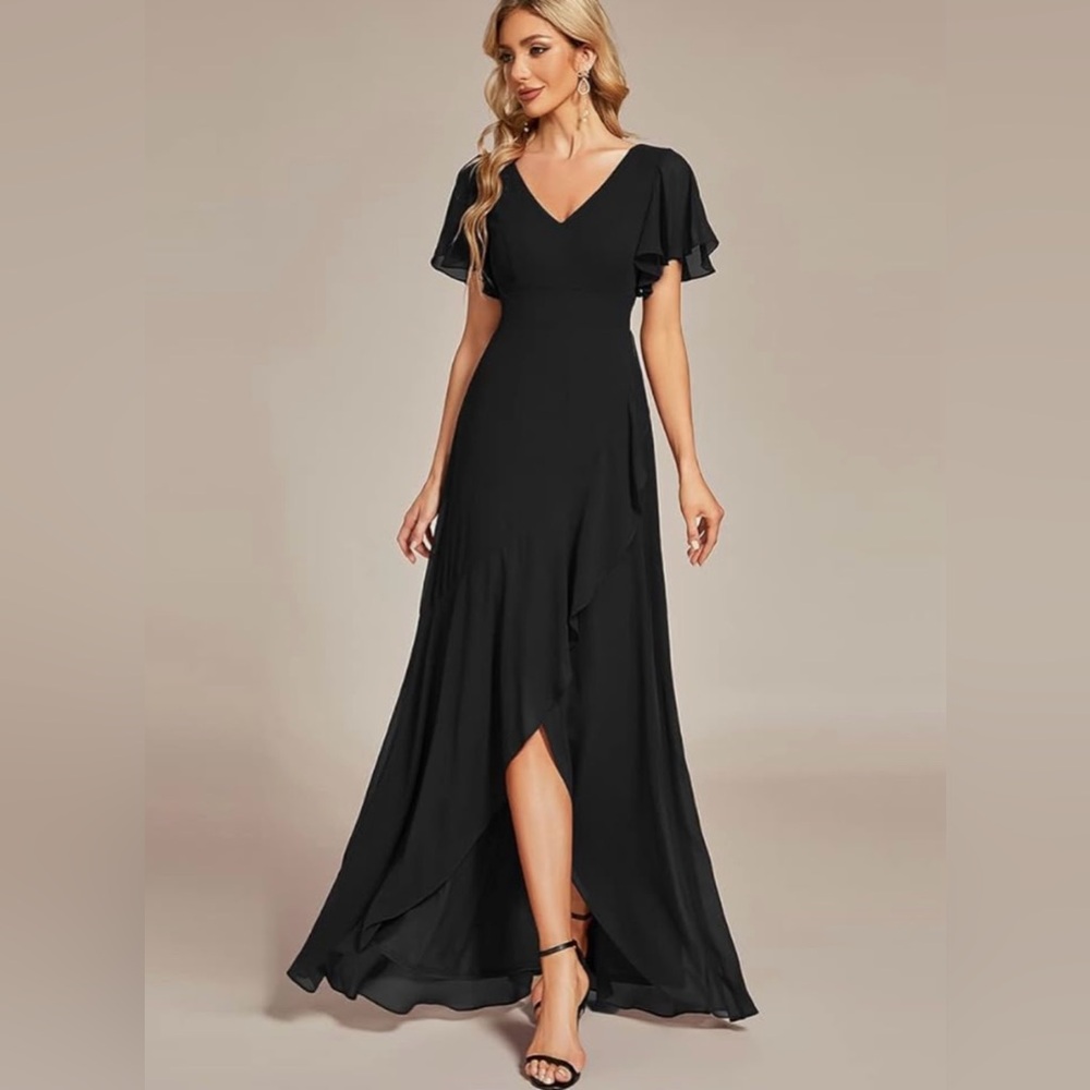 ༄ Ever-Pretty A Line Ruffle Hem Backless High Low Chiffon Wedding Guest Dress ༄